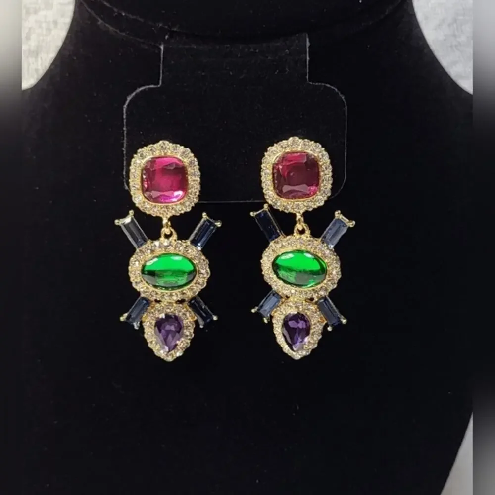 Multi-Color Jeweled Gem Statement Dangle Earrings – Gold Tone Rhinestone Drops